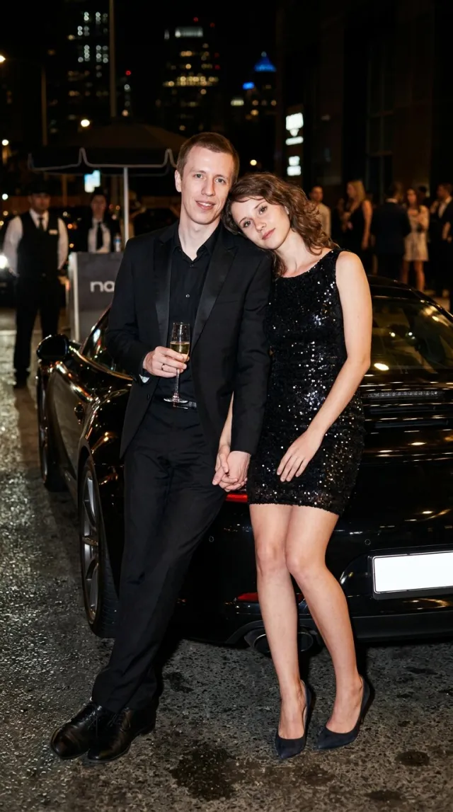 AI Couple Photo Maker 'Paparazzi Car Night' style — before and after example