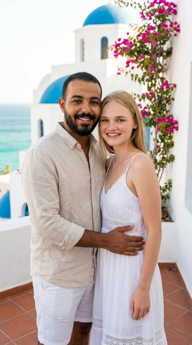 AI Couple Photo Maker 'Mediterranean Resort' style — before and after example