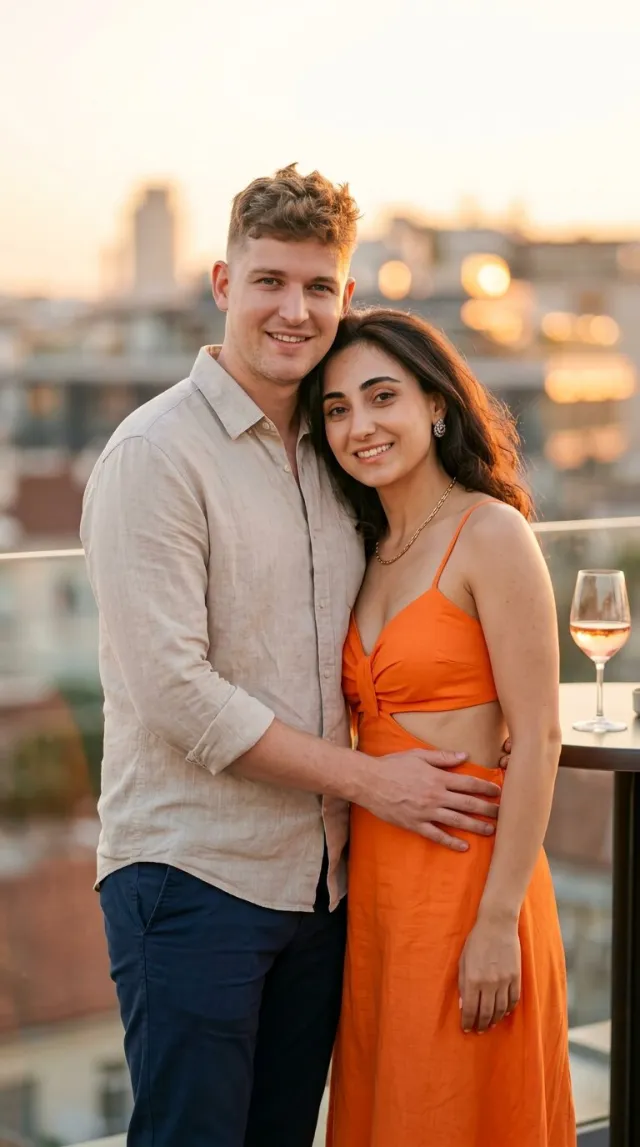 AI Couple Photo Maker 'Rooftop Sunset' style — before and after example